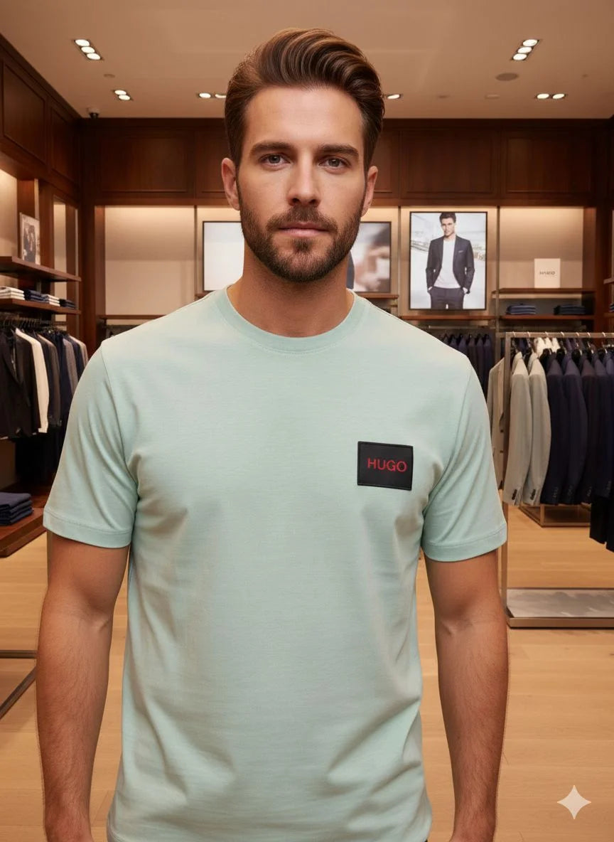 HUGO BOSS || Men's Cotton Jersey T-Shirt – Signature Red Logo Patch Crew Neck