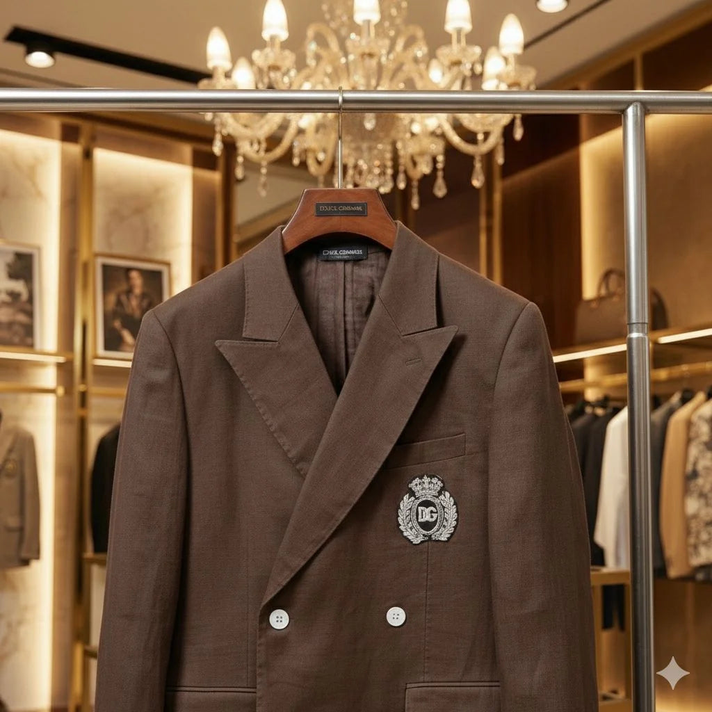 DOLCE & GABBANA || Men's Brown Double-Breasted Crest Blazer – Slim Fit Luxury Tailoring