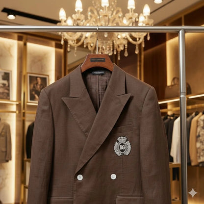 DOLCE & GABBANA || Men's Brown Double-Breasted Crest Blazer – Slim Fit Luxury Tailoring