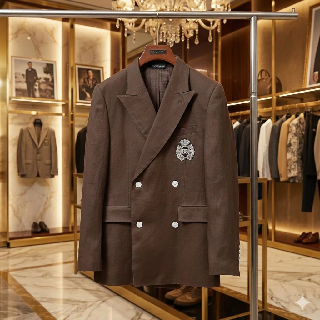 DOLCE & GABBANA || Men's Brown Double-Breasted Crest Blazer – Slim Fit Luxury Tailoring