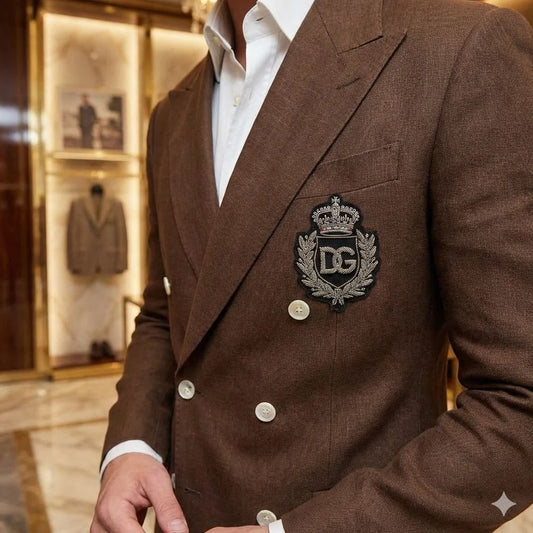 DOLCE & GABBANA || Men's Brown Double-Breasted Crest Blazer – Slim Fit Luxury Tailoring