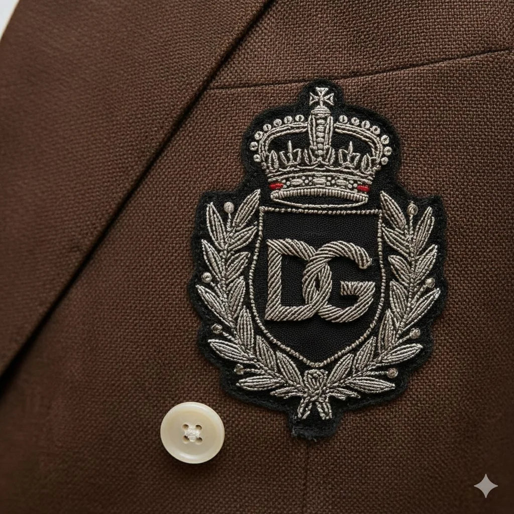 DOLCE & GABBANA || Men's Brown Double-Breasted Crest Blazer – Slim Fit Luxury Tailoring
