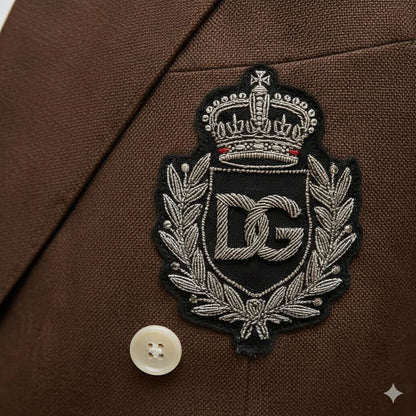 DOLCE & GABBANA || Men's Brown Double-Breasted Crest Blazer – Slim Fit Luxury Tailoring