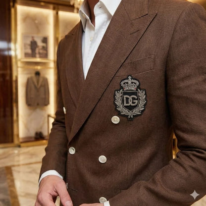 DOLCE & GABBANA || Men's Brown Double-Breasted Crest Blazer – Slim Fit Luxury Tailoring