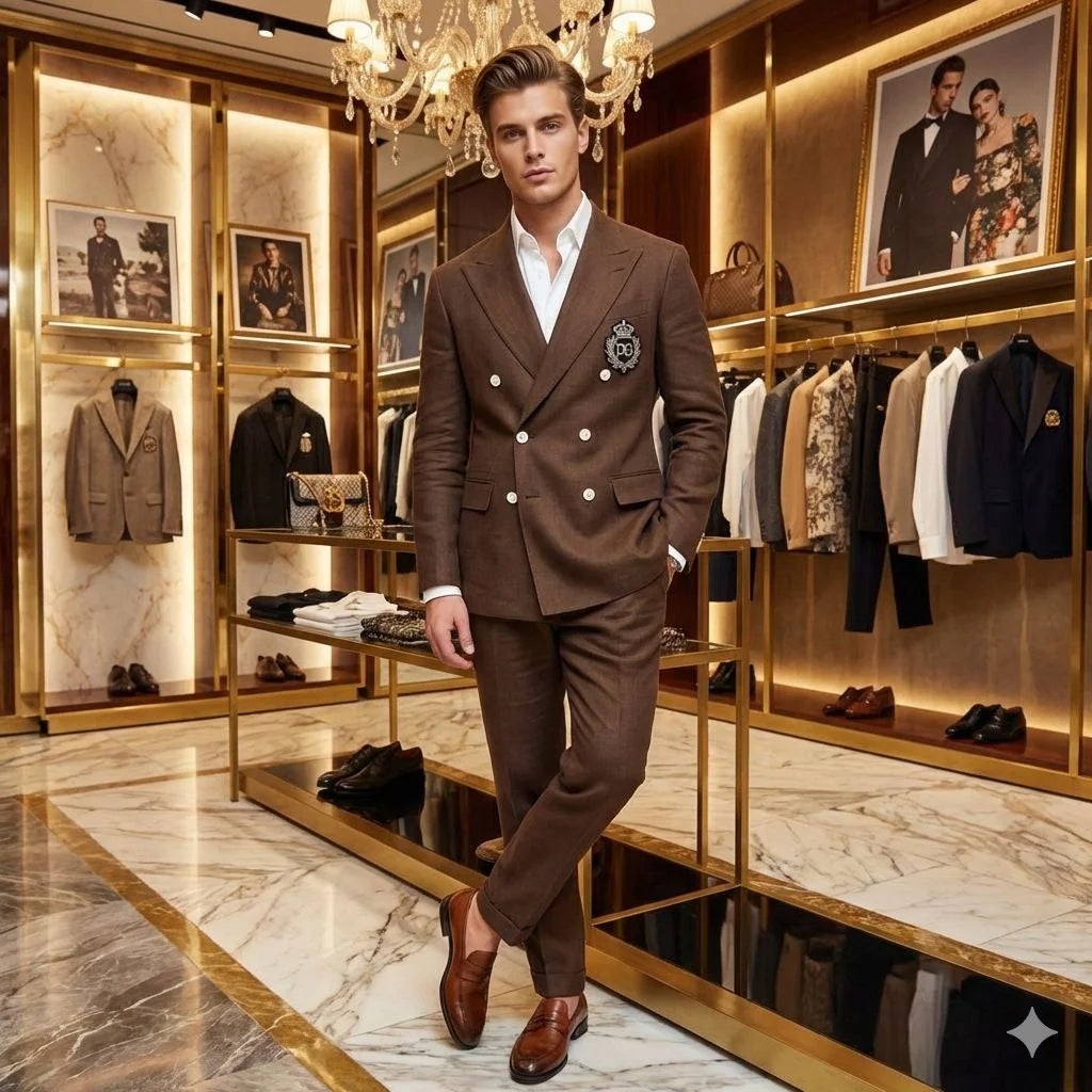 DOLCE & GABBANA || Men's Brown Double-Breasted Crest Blazer – Slim Fit Luxury Tailoring