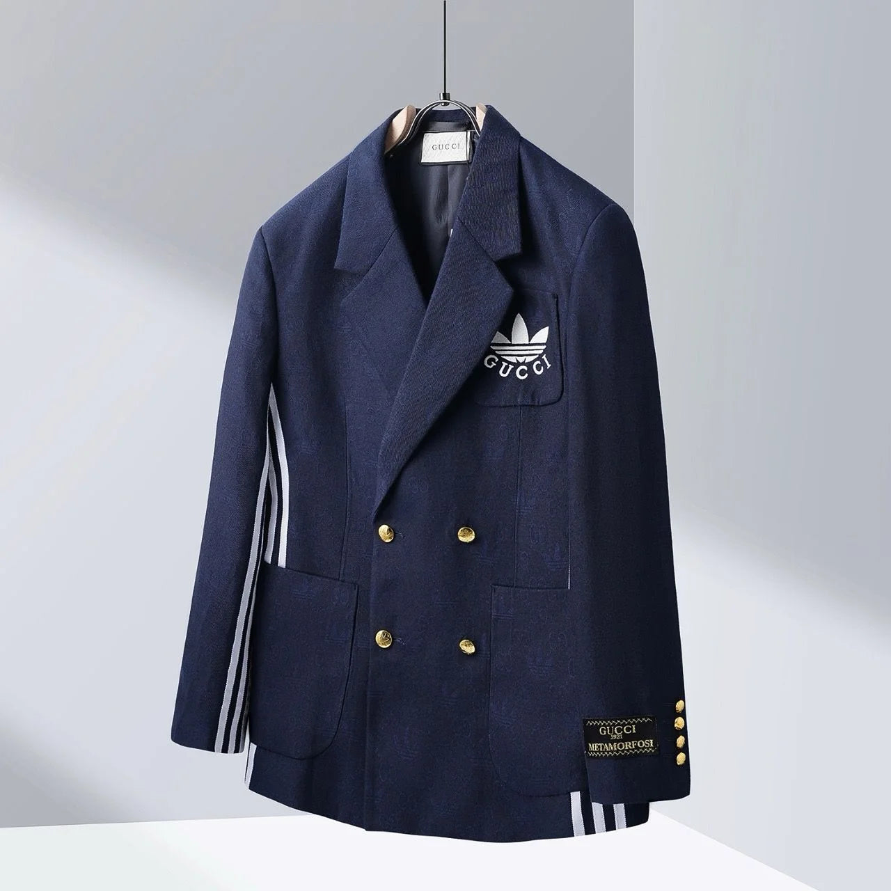 Adidas x Gucci Blazer - Luxury Double-Breasted Navy/Cream Wool 