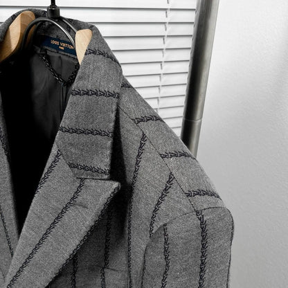LOUIS VUITTON || Embroidered Monogram Pinstripe Blazer – Grey Wool Blend Tailored Jacket