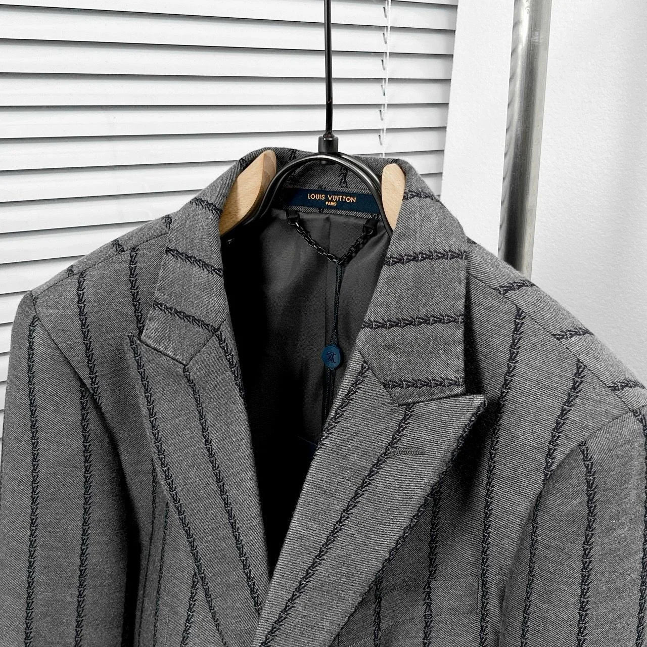 LOUIS VUITTON || Embroidered Monogram Pinstripe Blazer – Grey Wool Blend Tailored Jacket