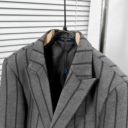 LOUIS VUITTON || Embroidered Monogram Pinstripe Blazer – Grey Wool Blend Tailored Jacket