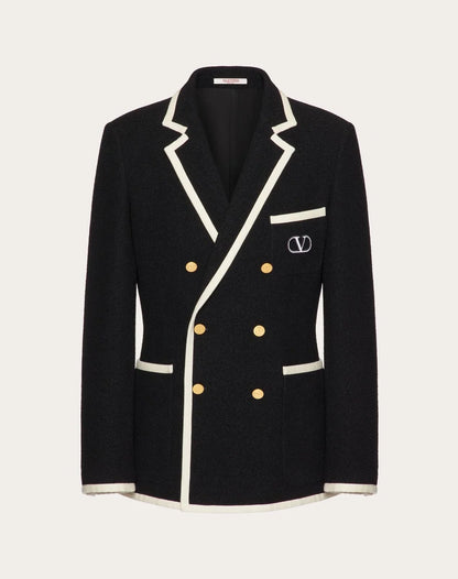 VALENTINO GARAVANI || V-Logo Double-Breasted Blazer – Black with White Contrast Trim & Gold V-Logo Buttons