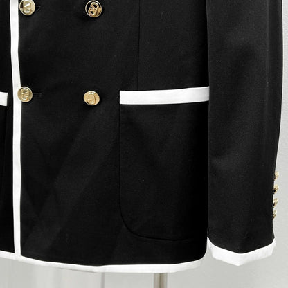 VALENTINO GARAVANI || V-Logo Double-Breasted Blazer – Black with White Contrast Trim & Gold V-Logo Buttons