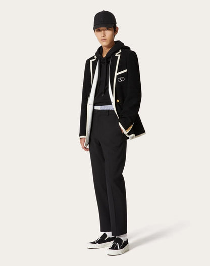VALENTINO GARAVANI || V-Logo Double-Breasted Blazer – Black with White Contrast Trim & Gold V-Logo Buttons