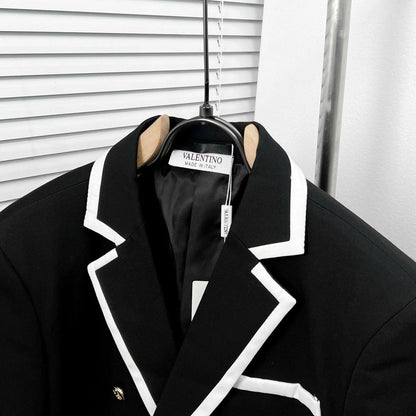VALENTINO GARAVANI || V-Logo Double-Breasted Blazer – Black with White Contrast Trim & Gold V-Logo Buttons