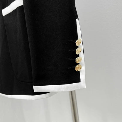 VALENTINO GARAVANI || V-Logo Double-Breasted Blazer – Black with White Contrast Trim & Gold V-Logo Buttons