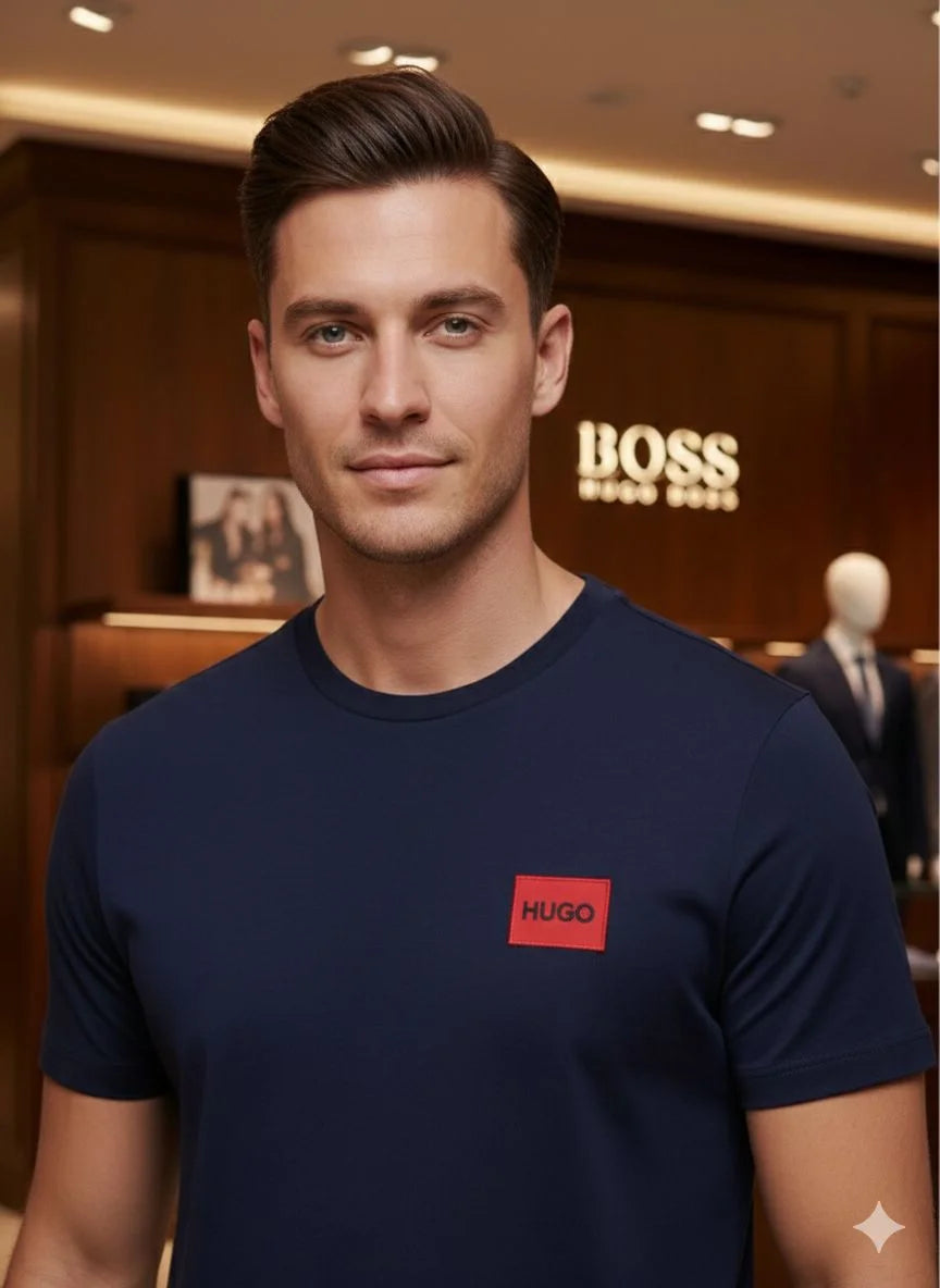HUGO BOSS || Menswear Slim-Fit Cotton T-Shirt with Signature Red Logo Patch