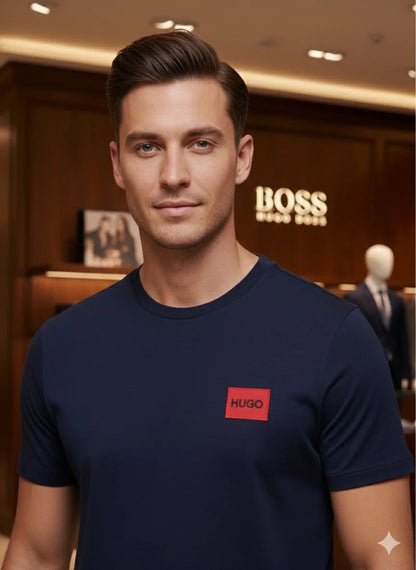 HUGO BOSS || Menswear Slim-Fit Cotton T-Shirt with Signature Red Logo Patch