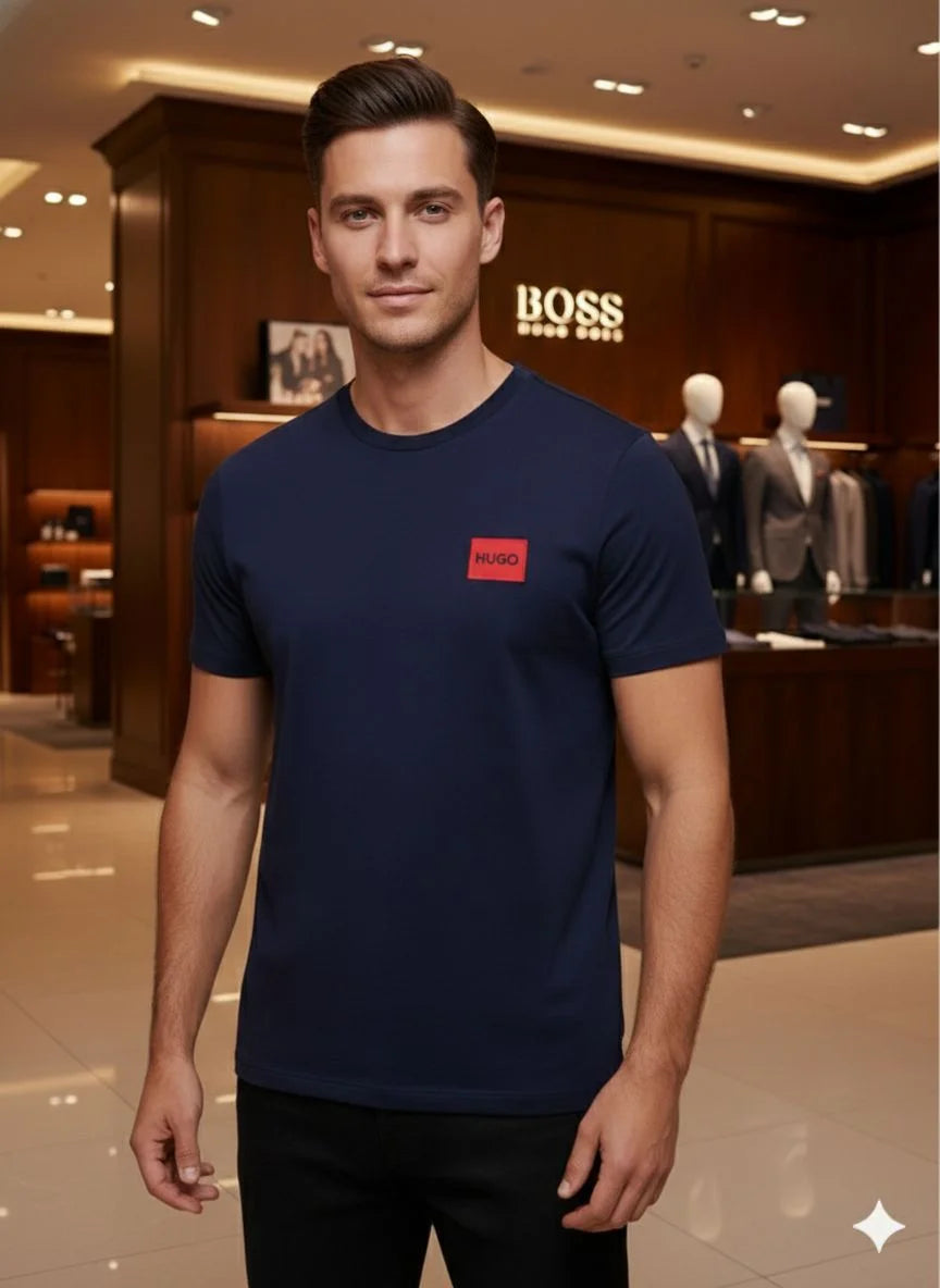 HUGO BOSS || Menswear Slim-Fit Cotton T-Shirt with Signature Red Logo Patch