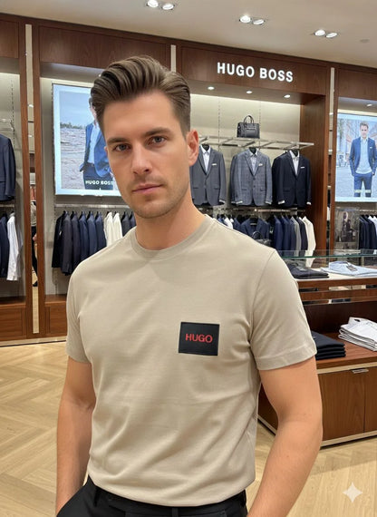 HUGO BOSS || Men's Cotton Jersey T-Shirt – Signature Red Logo Patch Crew Neck