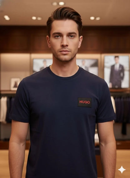 HUGO BOSS || Men's Cotton Jersey T-Shirt – Signature Red Logo Patch Crew Neck