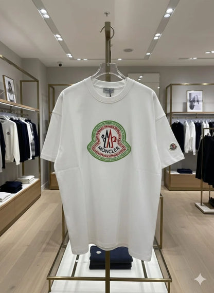 MONCLER || Men's Oversized Cotton Graphic T-Shirt - White with Green/Red Embroidered Logo