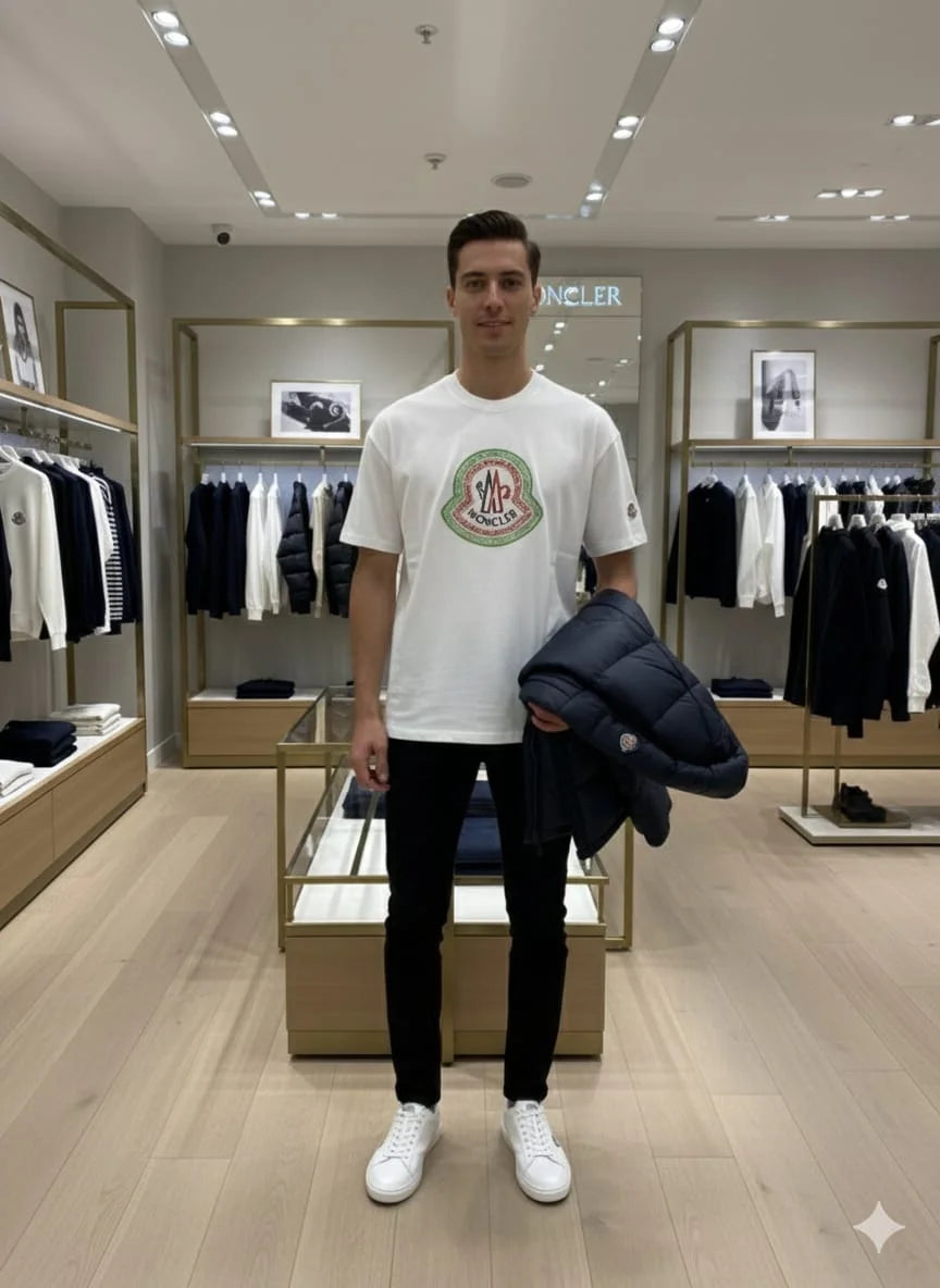 MONCLER || Men's Oversized Cotton Graphic T-Shirt - White with Green/Red Embroidered Logo