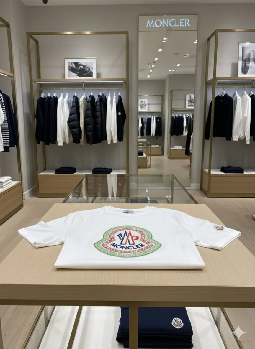 MONCLER || Men's Oversized Cotton Graphic T-Shirt - White with Green/Red Embroidered Logo