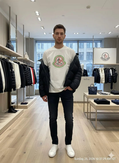 MONCLER || Men's Oversized Cotton Graphic T-Shirt - White with Green/Red Embroidered Logo