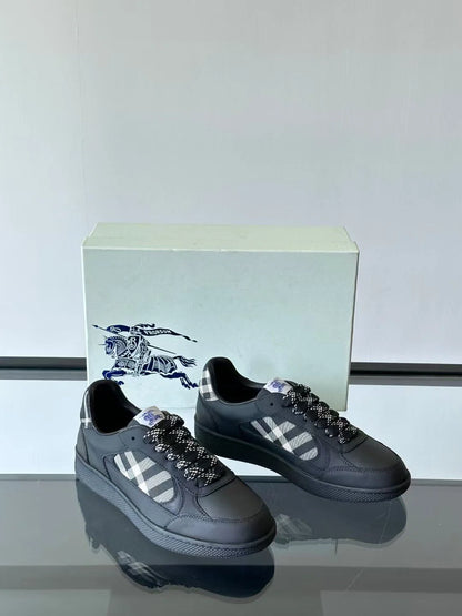 BURBERRY || Box Low-Top Leather Sneakers in Black – Equestrian Knight Design & House Check Panels