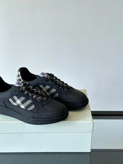BURBERRY || Box Low-Top Leather Sneakers in Black – Equestrian Knight Design & House Check Panels