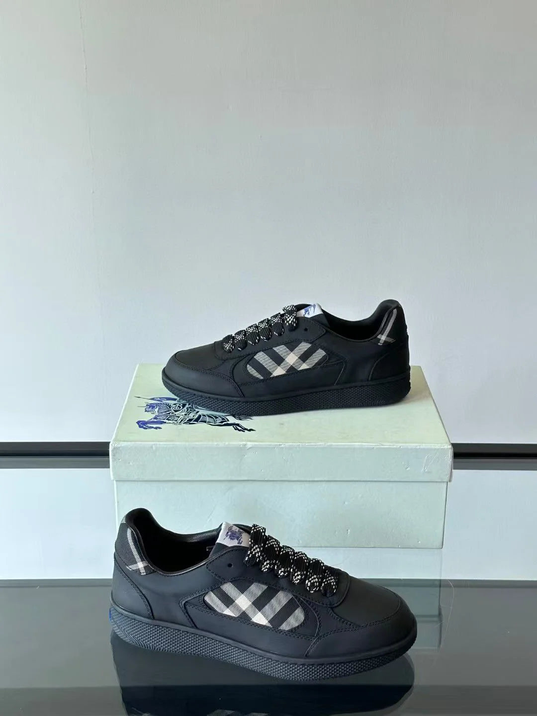 BURBERRY || Box Low-Top Leather Sneakers in Black – Equestrian Knight Design & House Check Panels