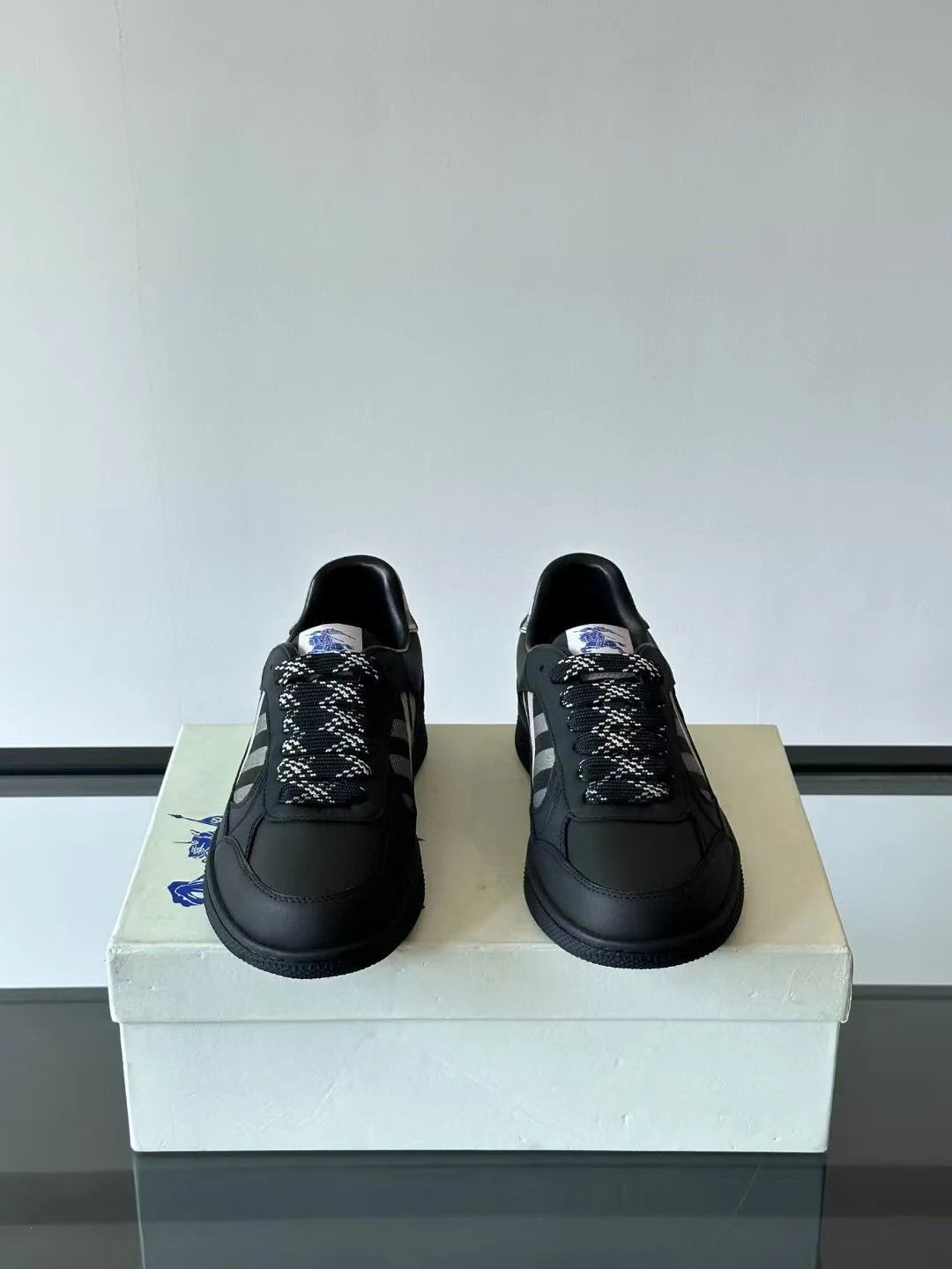 BURBERRY || Box Low-Top Leather Sneakers in Black – Equestrian Knight Design & House Check Panels