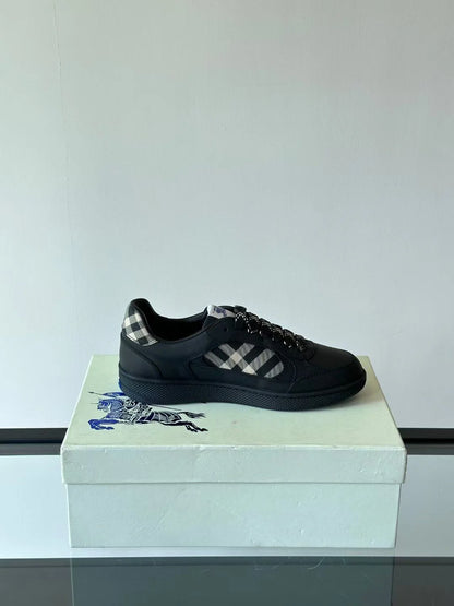 BURBERRY || Box Low-Top Leather Sneakers in Black – Equestrian Knight Design & House Check Panels
