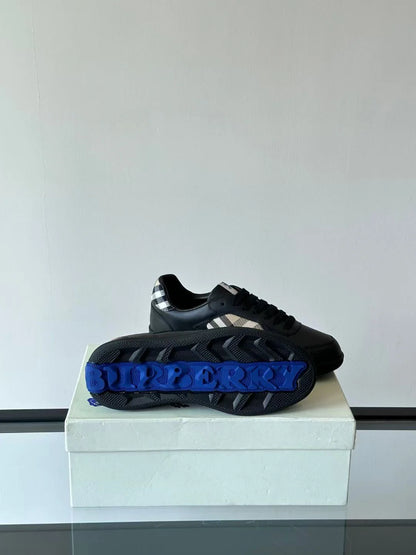 BURBERRY || Box Low-Top Leather Sneakers in Black – Equestrian Knight Design & House Check Panels