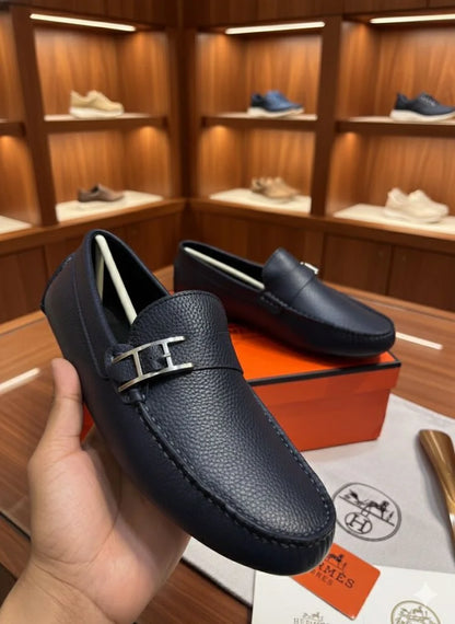 HERMES ||  Paris Men's Ancora Moccasin – Deep Bleu Nuit Grained Calfskin with Ruthenium H-Buckle