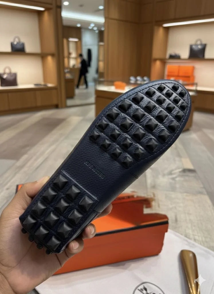 HERMES ||  Paris Men's Ancora Moccasin – Deep Bleu Nuit Grained Calfskin with Ruthenium H-Buckle