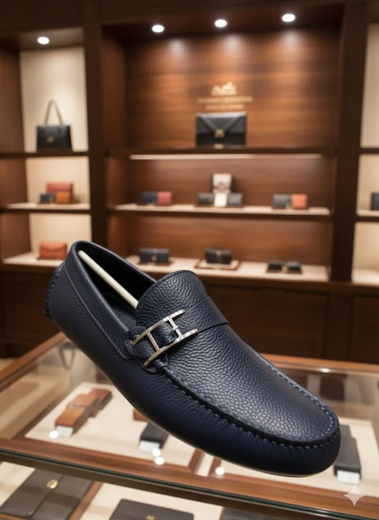 HERMES ||  Paris Men's Ancora Moccasin – Deep Bleu Nuit Grained Calfskin with Ruthenium H-Buckle