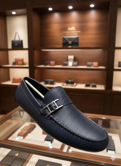 HERMES ||  Paris Men's Ancora Moccasin – Deep Bleu Nuit Grained Calfskin with Ruthenium H-Buckle