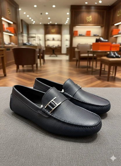 HERMES ||  Paris Men's Ancora Moccasin – Deep Bleu Nuit Grained Calfskin with Ruthenium H-Buckle