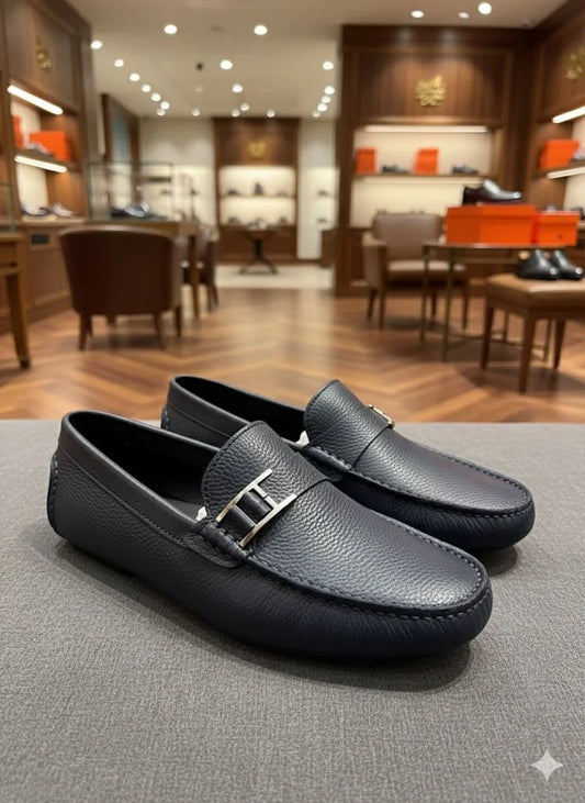 HERMES ||  Paris Men's Ancora Moccasin – Deep Bleu Nuit Grained Calfskin with Ruthenium H-Buckle