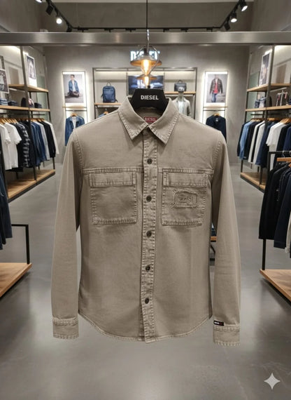 DIESEL || Men’s D-SL Overshirt – Vintage-Wash Denim Button-Down with Distressed Patch Detail