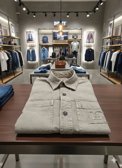 DIESEL || Men’s D-SL Overshirt – Vintage-Wash Denim Button-Down with Distressed Patch Detail