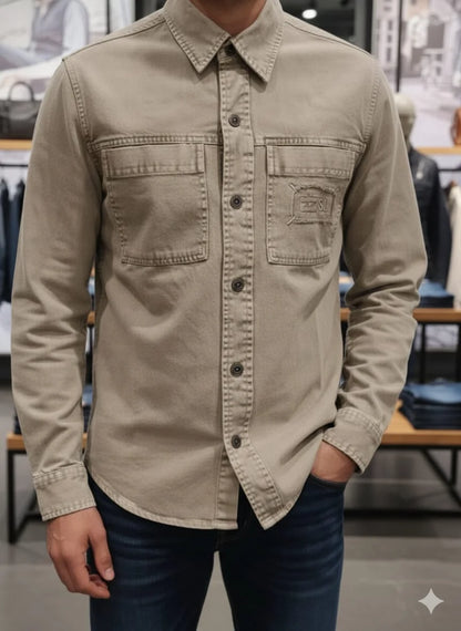 DIESEL || Men’s D-SL Overshirt – Vintage-Wash Denim Button-Down with Distressed Patch Detail