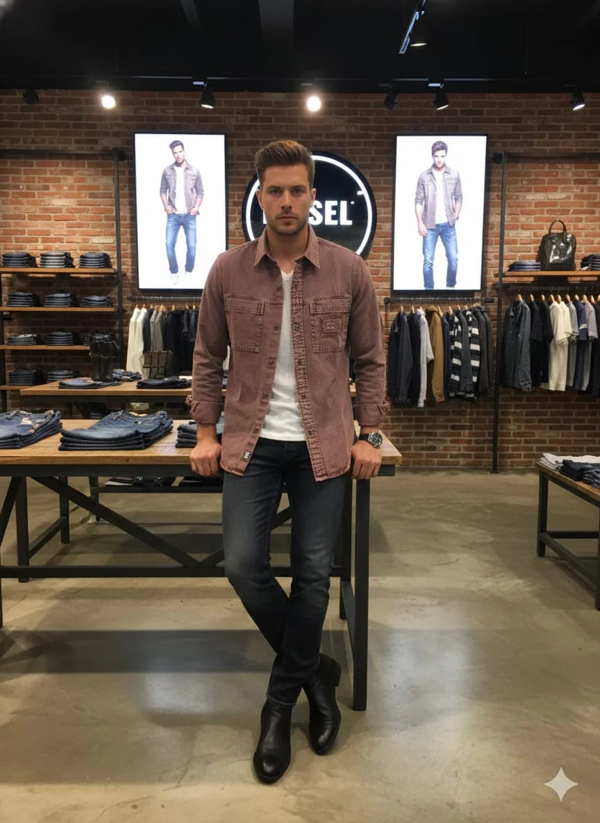 DIESEL || Men’s D-SL Overshirt – Vintage-Wash Denim Button-Down with Distressed Patch Detail