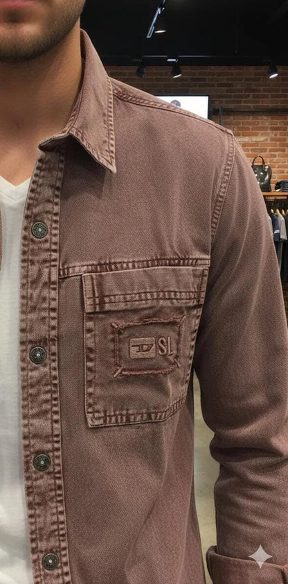 DIESEL || Men’s D-SL Overshirt – Vintage-Wash Denim Button-Down with Distressed Patch Detail