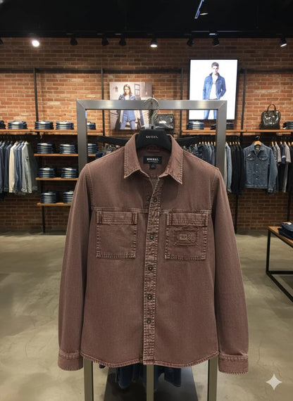 DIESEL || Men’s D-SL Overshirt – Vintage-Wash Denim Button-Down with Distressed Patch Detail