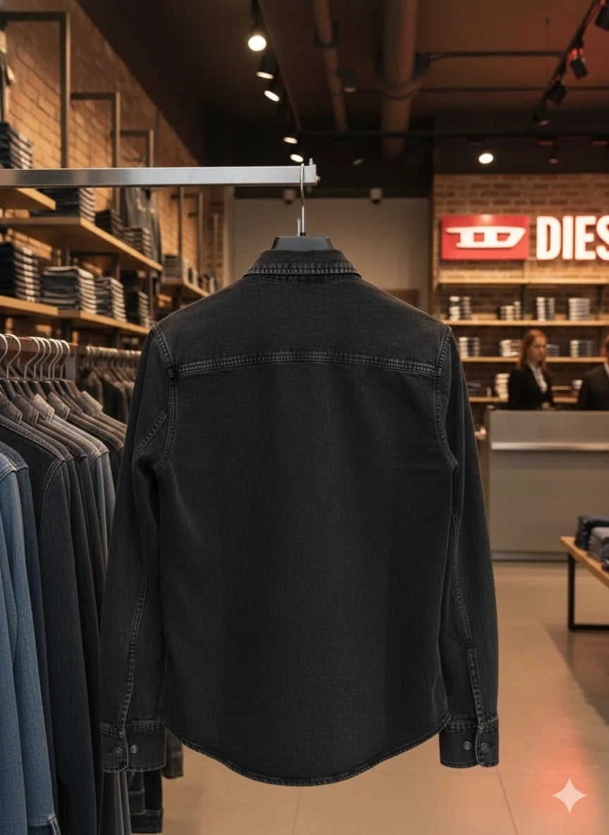 DIESEL || Men’s D-SL Overshirt – Vintage-Wash Denim Button-Down with Distressed Patch Detail