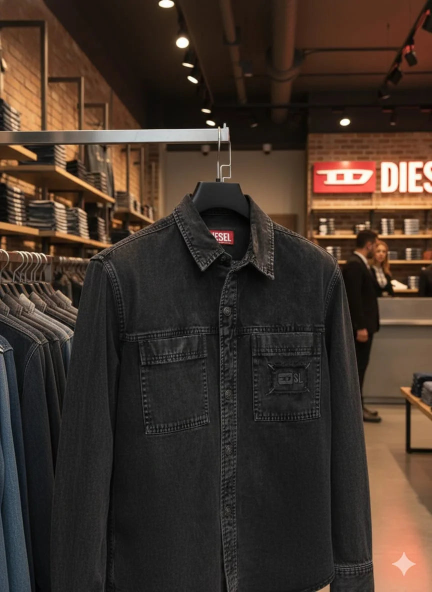 DIESEL || Men’s D-SL Overshirt – Vintage-Wash Denim Button-Down with Distressed Patch Detail