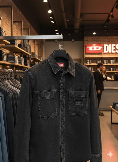 DIESEL || Men’s D-SL Overshirt – Vintage-Wash Denim Button-Down with Distressed Patch Detail