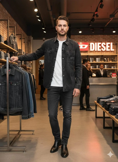 DIESEL || Men’s D-SL Overshirt – Vintage-Wash Denim Button-Down with Distressed Patch Detail