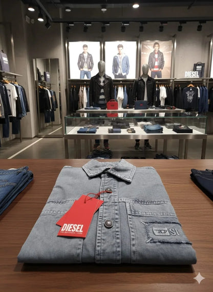 DIESEL || Men’s D-SL Overshirt – Vintage-Wash Denim Button-Down with Distressed Patch Detail